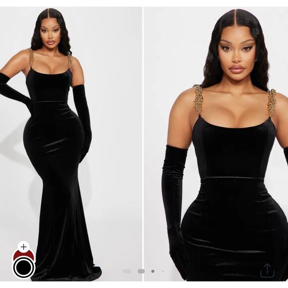FashionNova Lynda Black Velvet Dress- with Gold Beaded straps-size Medium - Picture 1 of 6